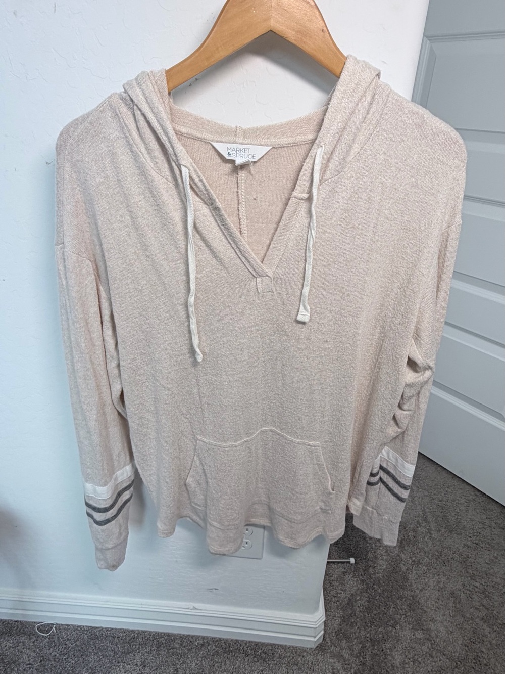 Market & Spruce Beige Stripe-Trim Hoodie Pullover